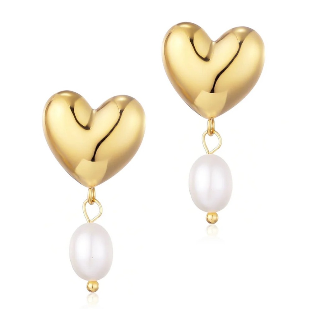 Tarnish Resistant Heart and Freshwater Pearl Drop Earrings